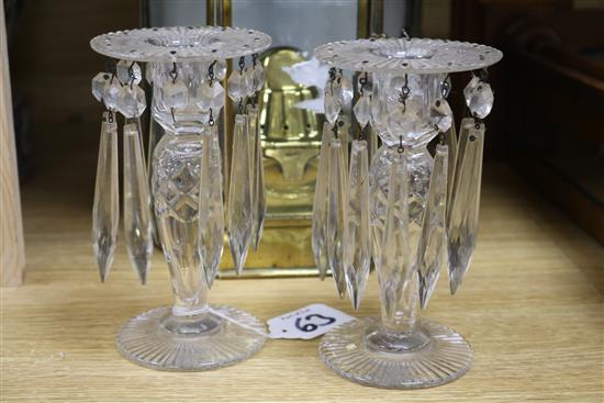 A pair of early Victorian glass lustre drop candlesticks and a brass-cased angled ships bulkhead light